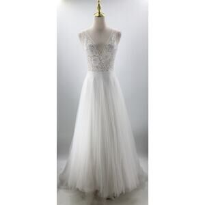 WEDDING DRESS XS ivory off white lace A-line Tulle wedding bridal dress  B167